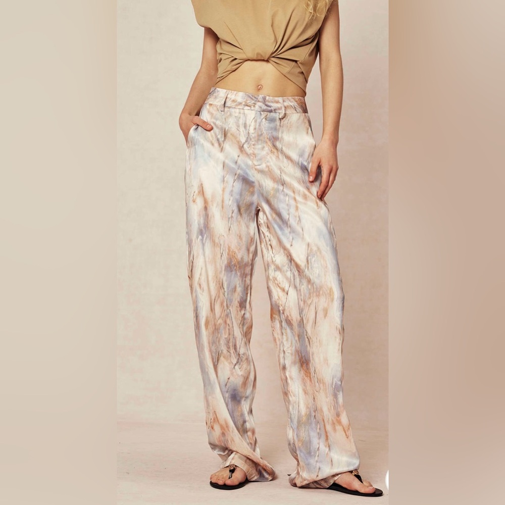 Micas Marble Print High Waisted Full-length Straight Leg Pants